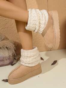 Cute Warm Thick-Soled Comfortable Boots, Fashionable And Versatile Plush Lining Short Ankle Personalized Fitted Non-Slip Knitted Snow Boots - Beige - View 3