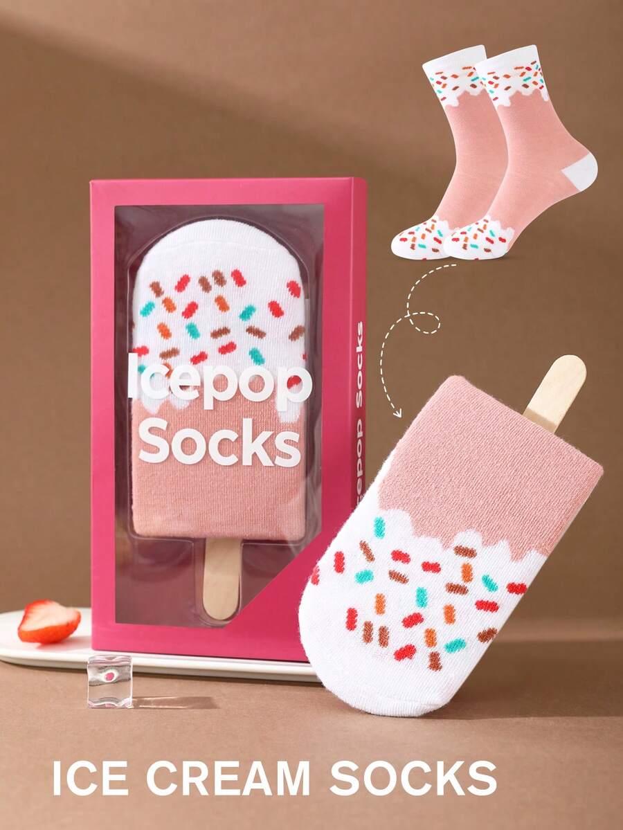 1 par de calcetines de media caña creativos de colores múltiples con diseño de helado, caja de regalo, nuevos calcetines deportivos unisex de otoño/invierno 2025, diseño inspirado en alimentos imaginativos, tejido de punto, largos y gruesos, suaves y cómodos