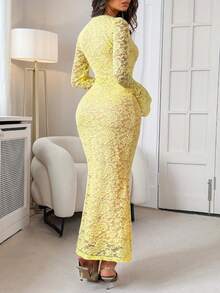Women's V-Neck Long Sleeve Fitted Sexy Lace Jacquard Dress, Suitable For Dates, Back To School Seasons, Formal Dinners And Other Occasions - Yellow - View 2