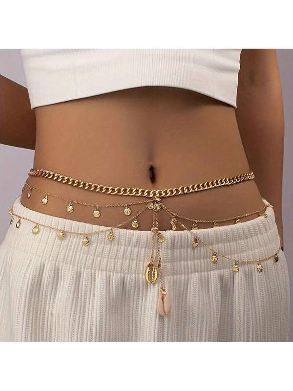 A Metal Scallop Natural Pendant Multi-Layer Waist Chain Belt Layered Design Vacation Holiday Summer Limited Edition Hot-Selling Ocean Style Versatile Women