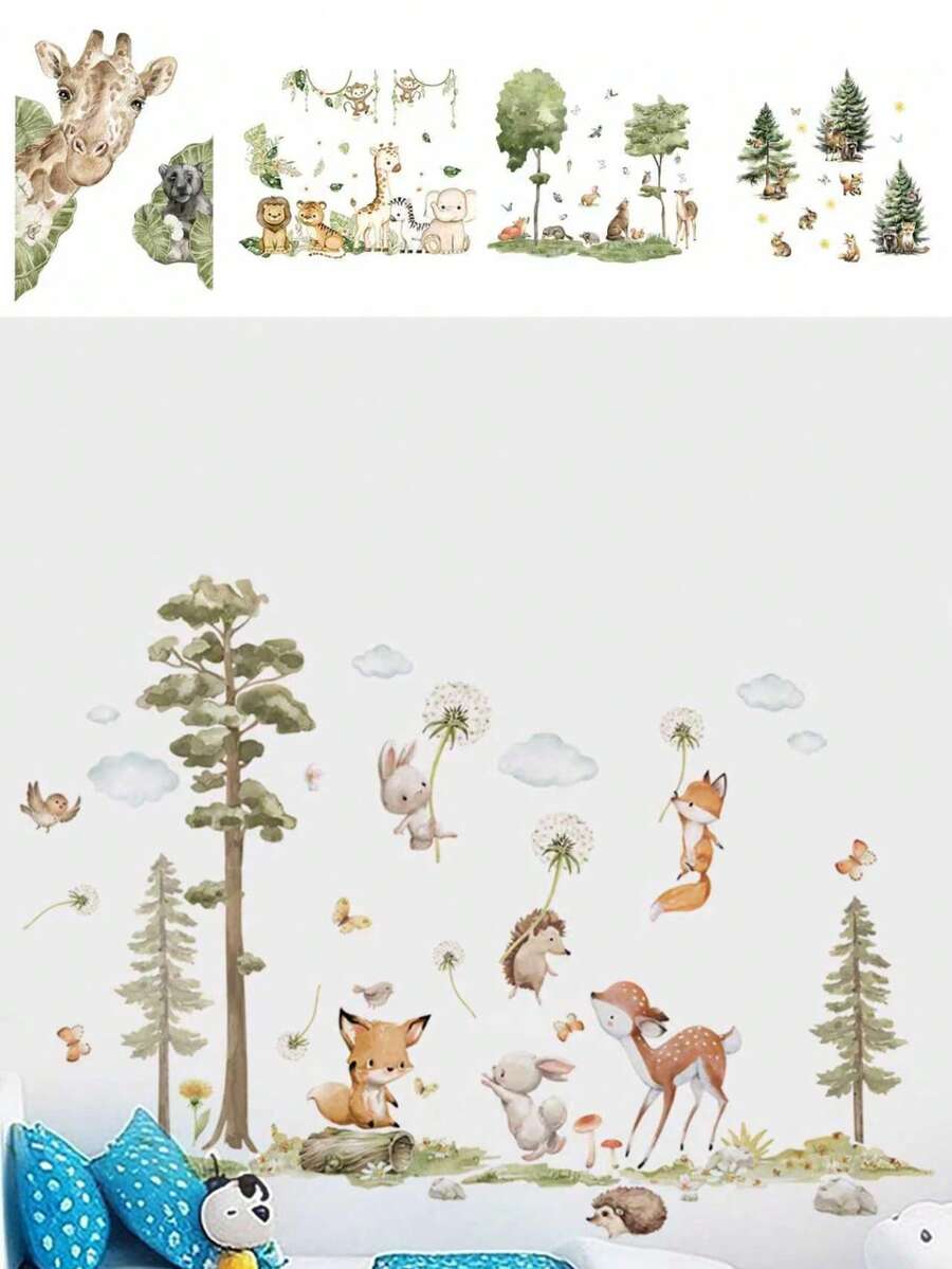 Cartoon Fox, Hedgehog, Pine Tree Wall Decals, Decorative Wall Stickers For Kids Room, Nursery, PVC Removable Wall Arts, Posters, Animals