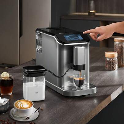 Cafetera espresso totalmente automática   con espumador de leche automático, máquina de capuchino latte superautomática de 20 bares con pantalla táctil TFT, molinillo, 15 niveles de molienda y depósito de leche extraíble.