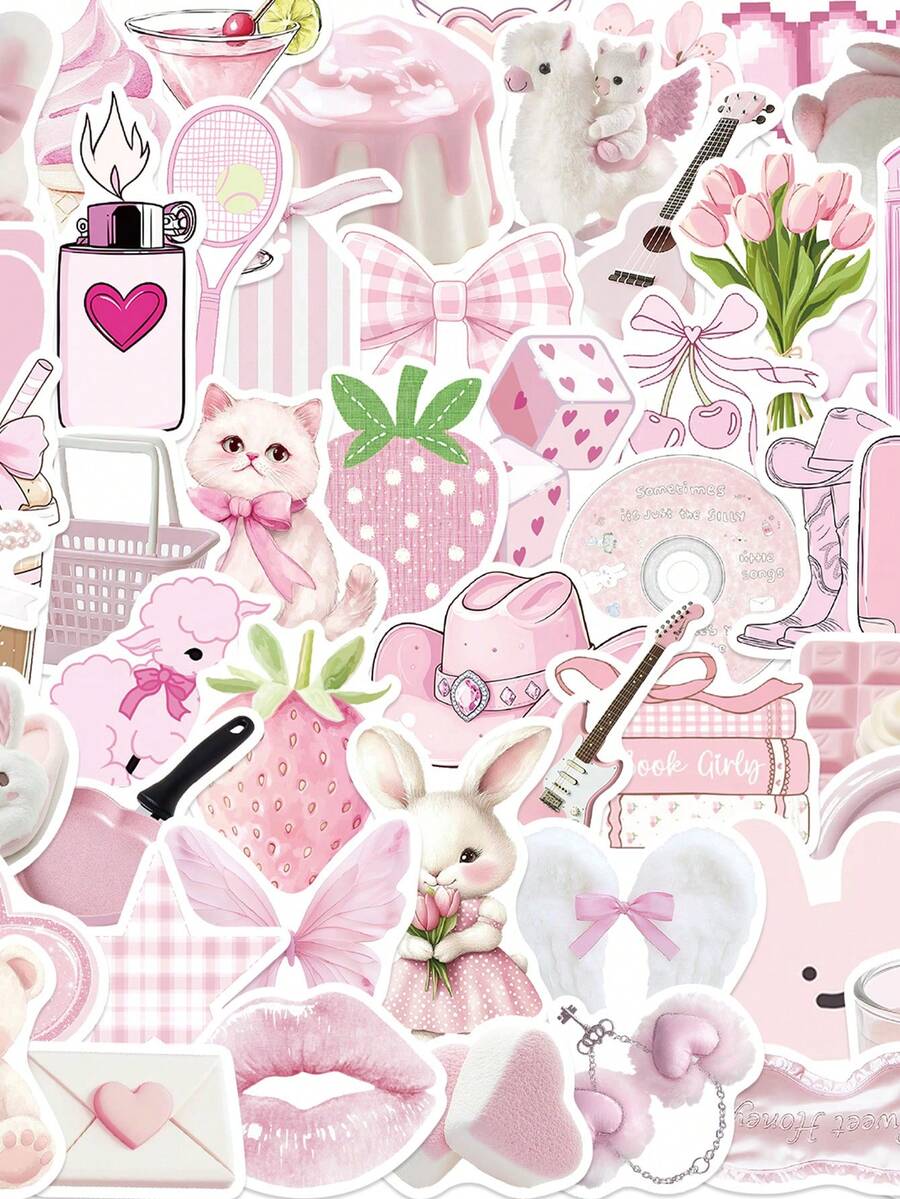 50pcs Pink Cartoon Graffiti Aesthetics Sticker Laptop Bicycle Guitar Skateboard Sticker DIY Graffiti Waterproof Stickers - Apricot - View 1