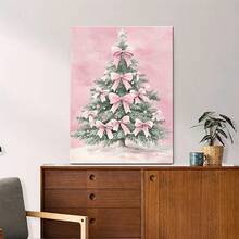 Un cuadro con marco de madera que representa un árbol de Navidad adornado con lazos rosas, adecuado como arte decorativo para la sala de estar, el dormitorio y