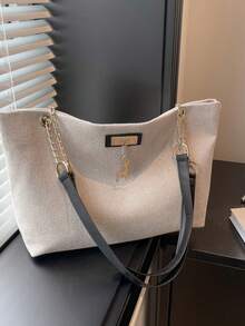 Women's Large Capacity Handbag, Fashion Chain Shoulder Bag, New Fashion Underarm Bag, Retro Linen Tote Bag - Black - View 3