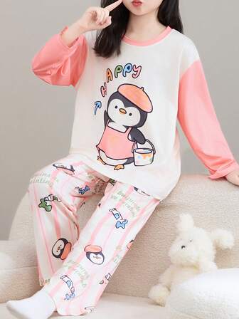 2pcs/Set Flame Retardant Girls Colorblock Striped Cartoon Penguin Print Pajama Set