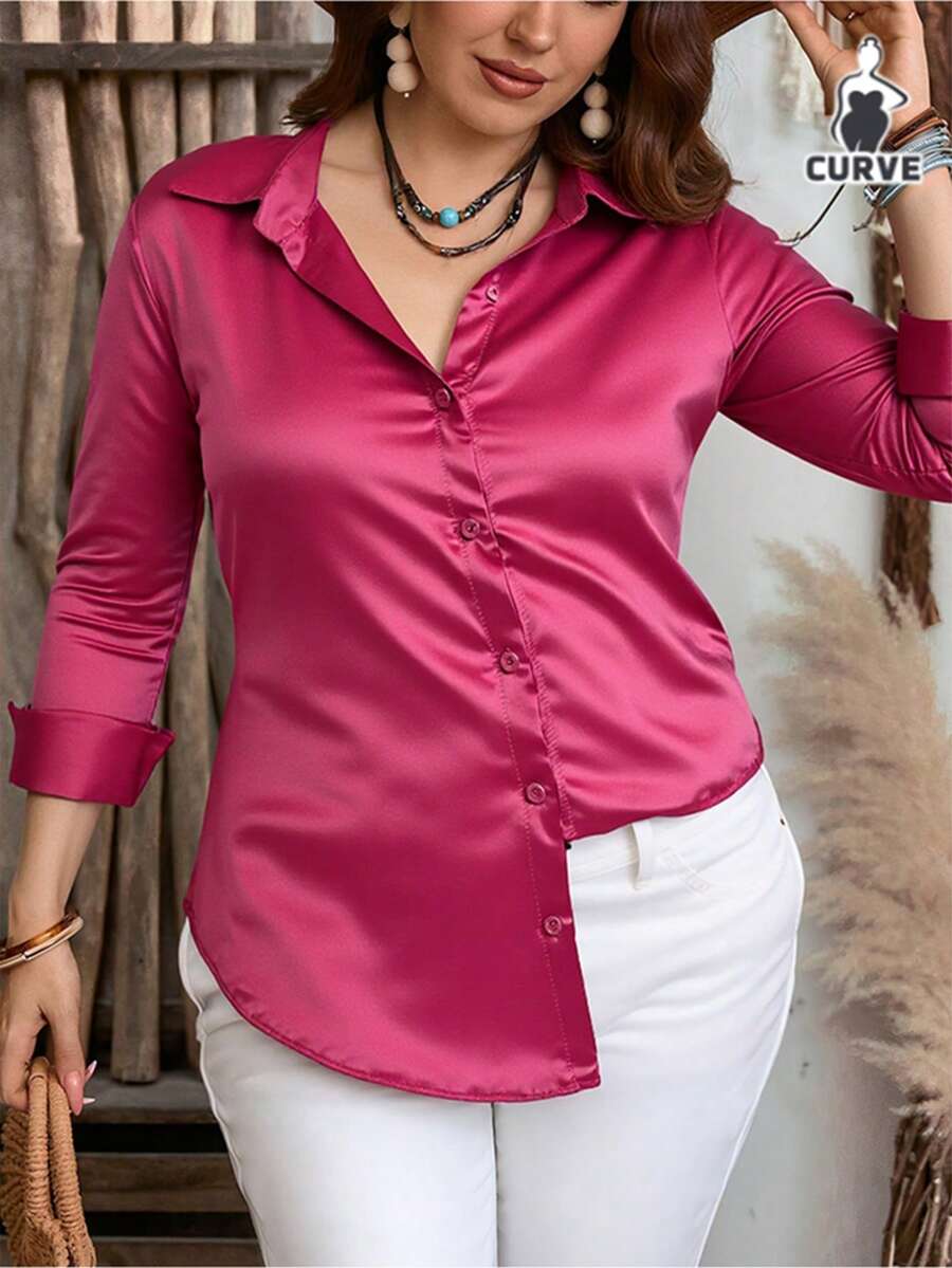 Blusas de Satén de Alta Gama para Mujer de Talla Grandes, Blusas Elegantes para Fiesta, Blusas Casuales de Color Sólido para Dama, Adecuada para Banquetes de Alta Gama Y Ocasiones de Negocios - Rosa - Ver 1