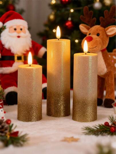 1 vela LED de luxo com efeito degradê de glitter, em cera sintética, estilo natalino elegante, formato cilíndrico com padrão de glitter em degradê dourado e branco, acabamento detalhado com glitter, para criar uma atmosfera festiva, ideal para decoração de Natal, festas natalinas, enfeitar a casa com tema natalino, presentes de Natal.