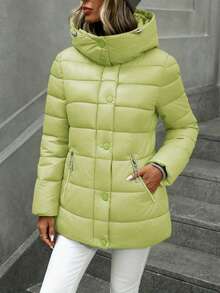 Casual Women Regular Length Black Puffer Jacket With Long Sleeves And Hooded Neckline For Winter - Lemon Green - View 3