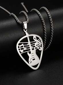 SeuSuk 1pc Stainless Steel Music Guitar Plectrum Note Pendant Necklace, Unisex Hip Hop Rock Party Jewelry Gift