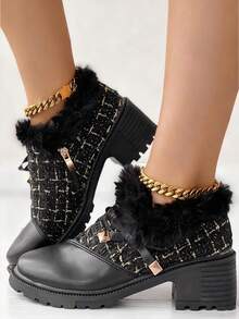 Autumn/Winter New Formal High Heel Shoes, Women's Shoes With Thick Soles, Tweed Patch, Black & Colorblock, Bow Decor, Retro Loafers,Fur Shoes