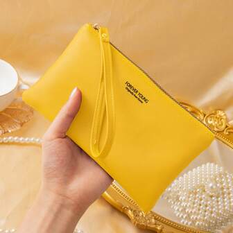 Billetera larga y delgada con estampado de letra minimalista y elegante, con correa para la muñeca. Cartera con cremallera de unicolor con ranuras para tarjetas, adecuada para uso diario, regalo para mamá/mujeres/niñas, negocios y casual.