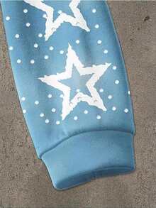 Full-Print Hooded Zip-Up Sweatshirt With Stars And Letters, Loose And Casual Cardigan Top, Unisex - Blue - View 4
