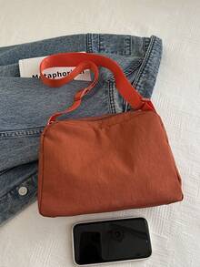 1pc Solid Color Polyester Casual Zipper Crossbody Bag, Suitable For Women's Daily Use - Orange - View 3