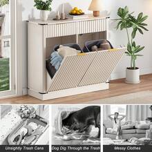 Double Tilt Out Trash Cabinet,Fluted Laundry Hamper Cabinet With 2 Drawers And Charging Station 20 Gallon Wooden Hidden Garbage Can Cabinet For Kitchen & Living Room Arc Design - White - View 5