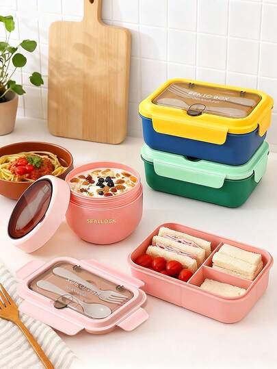 1 pieza Caja de almuerzo Bento a prueba de fugas con tapa sellada - Recipiente de comida apilable, adecuado para oficina, escuela, viajes, fácil de limpiar de material PP, almacenamiento de alimentos