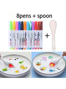 Set de 8 piezas/12 piezas de pinceles mágicos de pintura de agua con tinta flotante, marcadores de colores mixtos, adecuados para pintura, manualidades DIY variadas (colores aleatorios) Un regalo divertido, Set de arte creativo mágico oscuro de pintura de agua - /Pigmentos de acuarela para adultos, difusor de páginas, bolígrafo fuente de arte de pintura, pintor magnético, diseño artesanal popular con encuadernación decorativa de onda azul y dorada, experiencias ideales sin citas