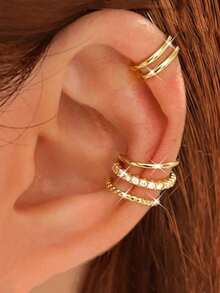 4-Piece Non-Pierced C-Shaped Ear Bone Clips - Suitable For Female Non-Pierced Ear Holes, Adjustable Clip-Type Cartilage Earrings SAOV - Gold - View 8