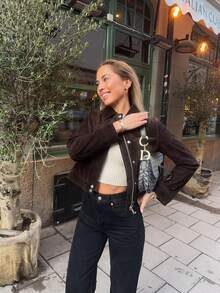 Chaqueta corta de ante de unicolor versátil y casual para mujer, estilo minimalista, abrigo de manga larga para otoño