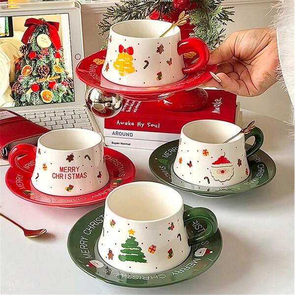 Christmas Theme Ceramic Coffee Cup & Saucer Set, Milk Coffee Mug, Office Cup