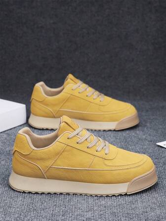 1 双纯色拼布基础款 PU 皮革交叉绑带男鞋，户外/室内学院风，四季皆宜，2025 年新款运动鞋，男士简约设计休闲鞋，复古时尚厚底运动鞋，舒适轻便圆头旅行鞋，黑色低帮系带登山鞋，黄色不透气滑板鞋，小众纯色滑板鞋，46 码