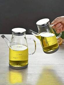 1 High Borosilicate Transparent Glass Oil Bottle With Lid, No Oil Leakage, No Sliding, Seasoning Bottle With Scale, Machine Washable, No PVC, Round Olive Oil Container, Suitable For Barbecue And Cooking, 1 Piece (20.29/27.05/33.81 Ounces)