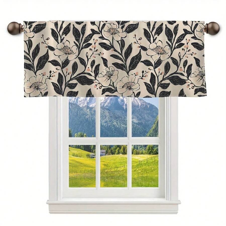 1pc Elegant Black Branches & Flowers Valance Curtains Beige Background Polyester Rod Pocket Design For Living Room Bedroom Bathroom Cafe Farmhouse Decor Washable Modern Home Decor Floral Pattern Curtains Washable Fabric Curtains For Living Room 60x18 Inch Curtain Panel Curtain Valance Short Curtains Rod Not Included - 彩色 - 查看 1
