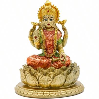 Lakshmi On Lotus 6.5" H Lndian God Laxmi Statue Hindu Murti Item Home Temple Mandir Pooja Decor Hindu God And Goddess For Diwali Gifts Birthday Gifts For India People