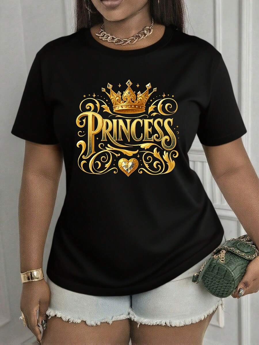 Princess Crown Heart Design Graphic Tee For Women, Royal Gold Embellished Shirt, Feminine Statement Top For Casual Wear And Special Occasions, 220g - màu đen - Xem 1