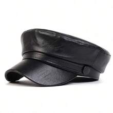 Ladies' Solid Color Pu Leather Beret Cap - Black - View 6