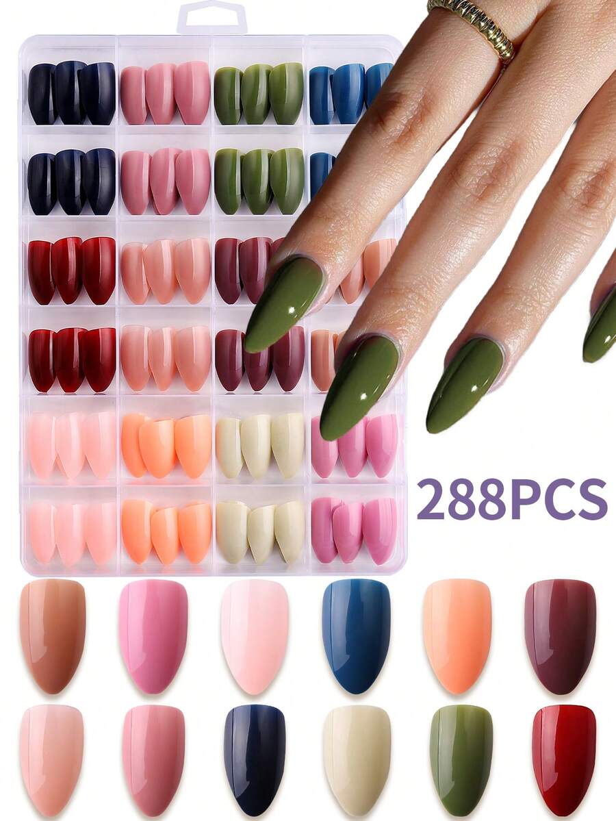 288 Pieces (12 Mixed) Long Acorn Design Glossy Acrylic Pressed Nails Set, Complete Set Of Fake Nails, Suitable For Girls And Women For Office And Daily Life Wearing