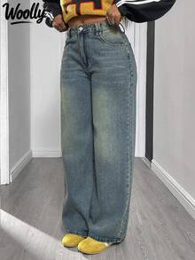 Pantalones vaqueros anchos casuales para mujer con bolsillo y botones delanteros - Azul lavado retro - Ver 8