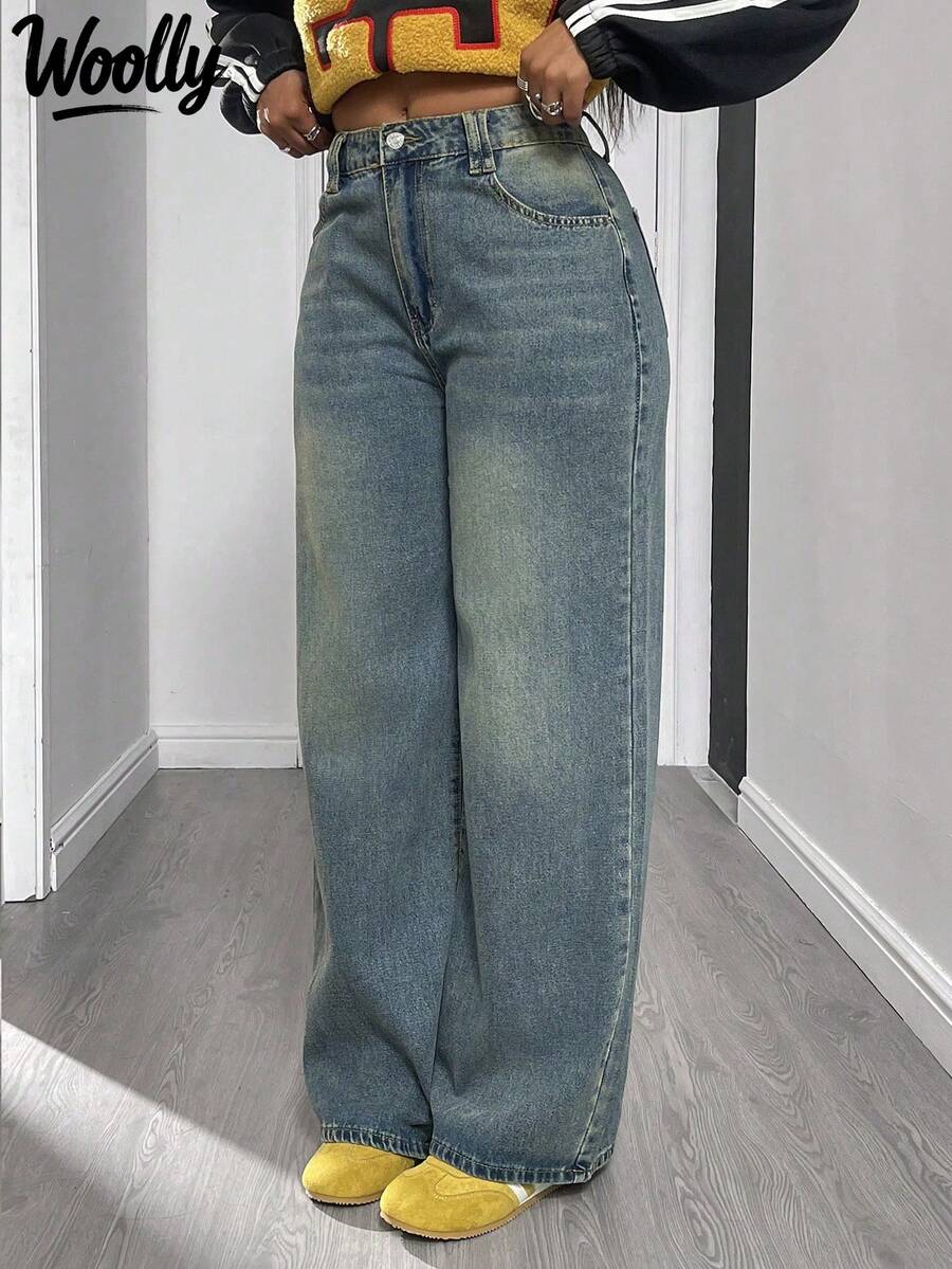 Women's Front Button Pocket Simple Wide Leg Casual Jeans Spring - 復古水洗藍 - 查看 1