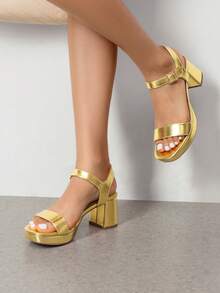 Women Comfortable Chunky Low Heeled Sandals Open Toe Buckle Decor Ankle Strap Heeled Sandals For Daily Wearing Wedding Party Prom - 金色 - 查看 3