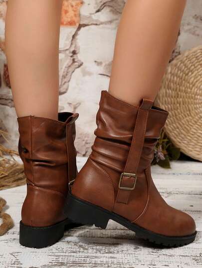 Women's Vintage Brown Buckle Mid-Calf Boots, Fashion Versatile Pleated Design Chunky Heel Boots