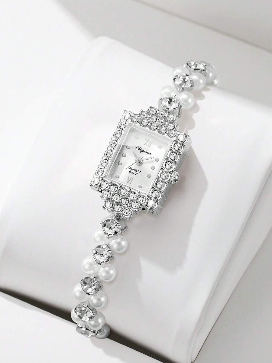 1 Stück Damen Armbanduhr mit Perlen- und Strass-Armband, Strass-Zifferblatt, elegante Quarz-Armbanduhr, ohne Uhrenbox - Silber - Übersicht 1
