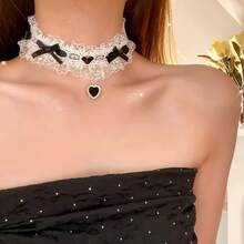 Y2K Cute Bow And Heart Choker Necklace - Glass Bead Lace Detail, Black And White Contrast, Lightweight Polyester Fiber Jewelry, Valentine's Day, Birthday Gift, Daily And Party Wear - 粉色 - 查看 10