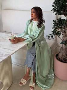1 Piece Elegant And Classic, Simple, Monochromatic Satin Dress In A Bohemian Style Exudes An Air Of Sophistication And Grace. It Is Suitable For All Seasons And Various Cultural Events. - Green - View 3
