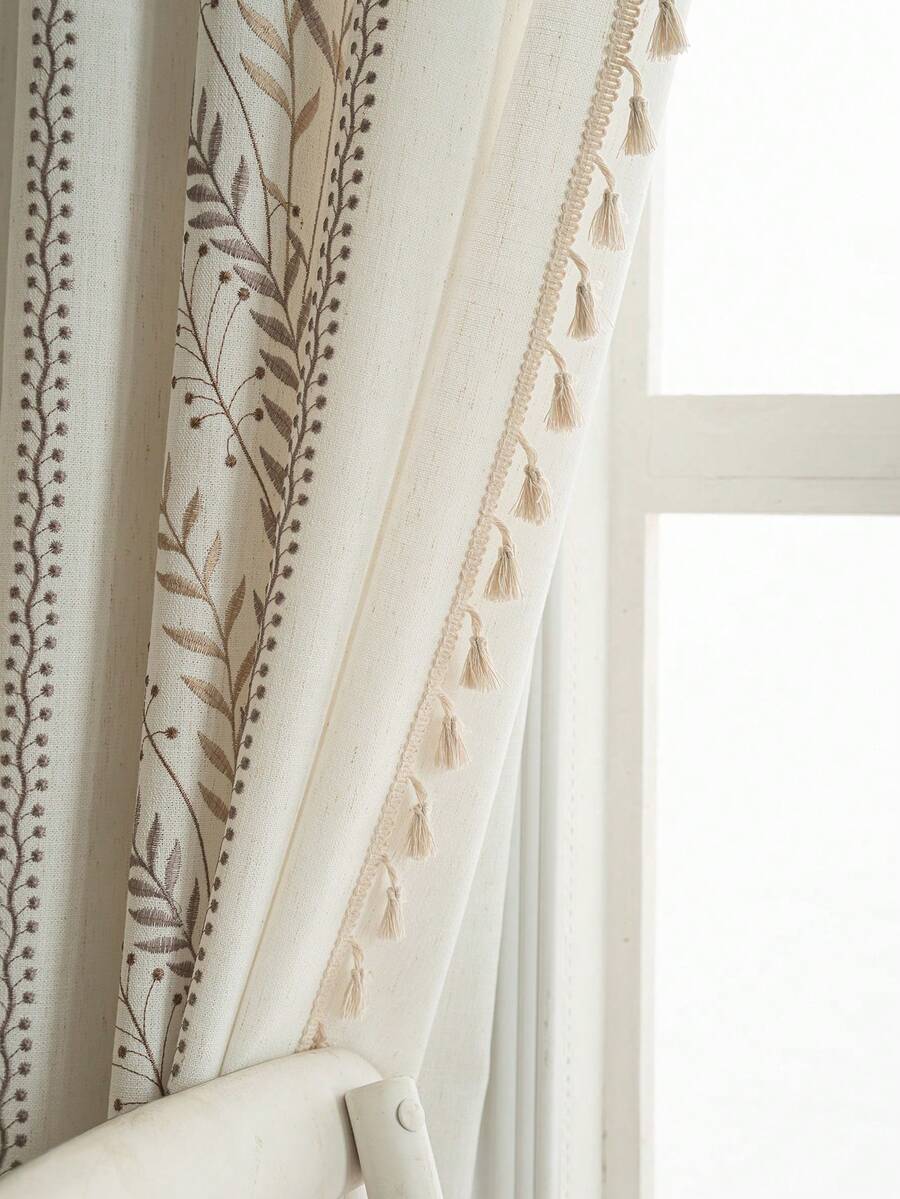 1 Stück europäischer Stil braun bestickter Blatt Vorhang, Tunnelband Design ohne Bohren erforderlich, waschbar, Quasten Dekoration, Raumteiler, Wohnzimmer, Küche, geeignet für Schlafzimmer, Arbeitszimmer, Wohnzimmer, Balkon, Café, Hotel Dekoration, Herbst Heimdekoration