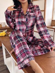 2件套女士格子长袖上衣和裤子睡衣套装，冬季服装 - 彩色 - 查看 5