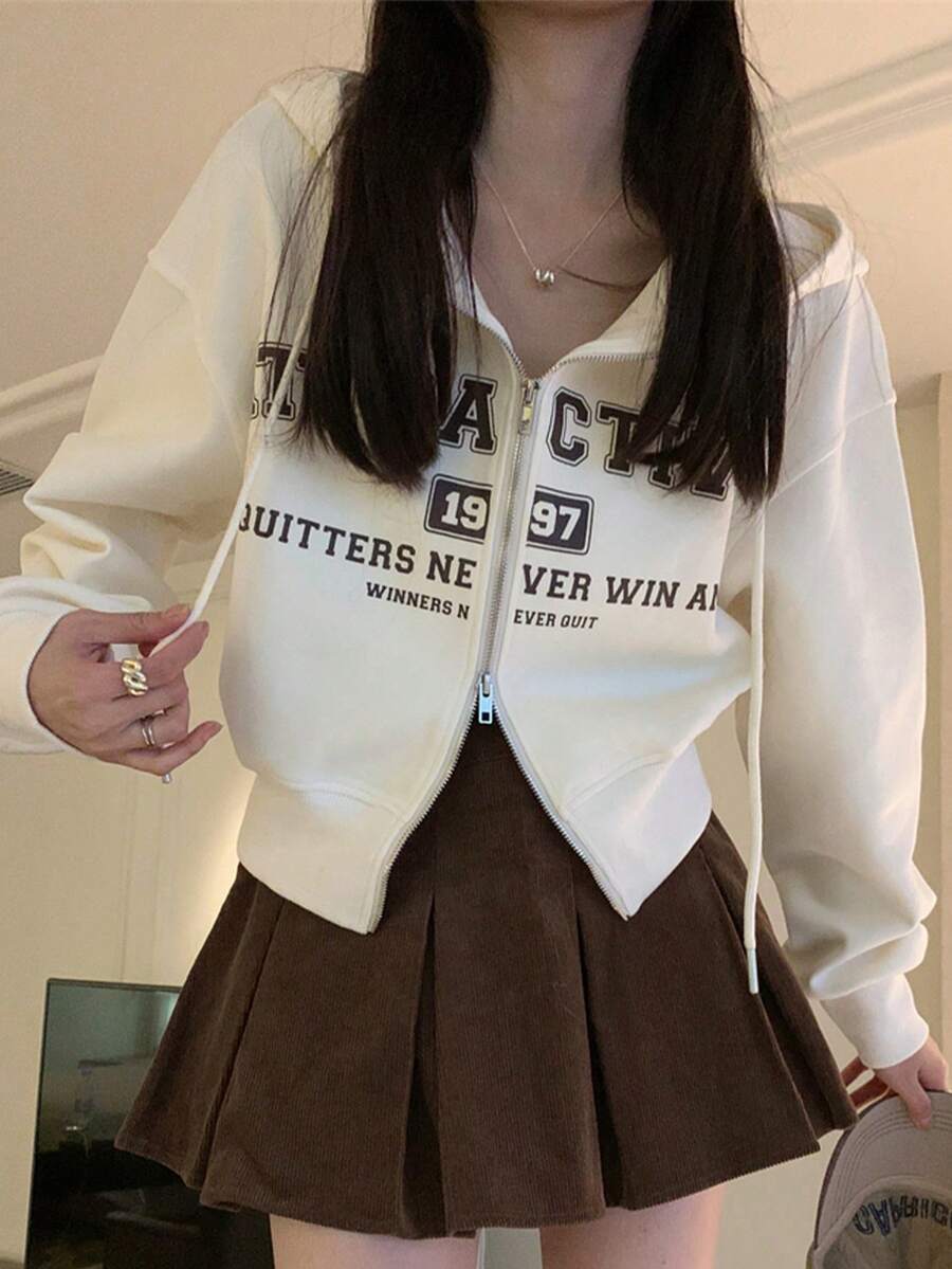 字母印花宽松版型多功能双向拉链抽绳卫衣