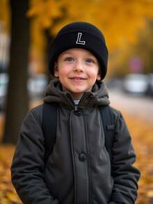 1pc A-Z Letter Kids Knit Beanie Hat, Solid Color Warm Knitted Cap, Suitable For Boys And Girls, Suitable For Outdoor And Daily Wear - Black - View 3