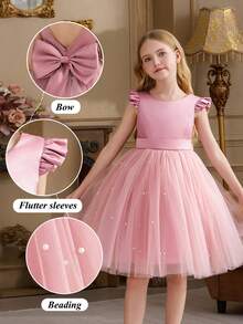 少女粉色短袖薄纱手工串珠蝴蝶结圣诞派对优雅礼服，公主裙，适合女孩生日派对、宴会、舞会、花童婚礼、感恩节、毕业典礼等场合。 - 粉色 - 查看 3