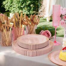 125PCS Plastic Plates - Elegant And Gold Dinnerware Set - Heavy Duty Disposable Plates With Gold Silverware Sets For 25 Guests For Wedding & Party & Bridal Shower - Pink - View 9