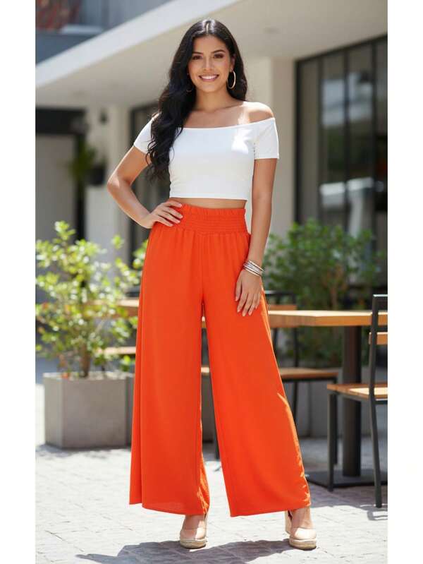 Pantalón casual de mujer estilo moderno tela ligera color sólido corte holgado cintura elástica largo primavera verano para oficina y uso diario