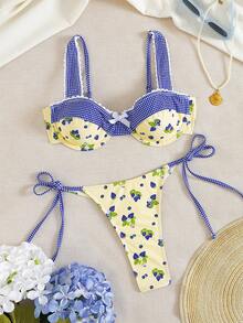 女士夏季泳装，甜美可爱风格，饰有小蕾丝和蝴蝶结，钢圈设计，充满少女魅力，休闲印花款式，适合海滩度假和泳池派对。 - 彩色 - 查看 1