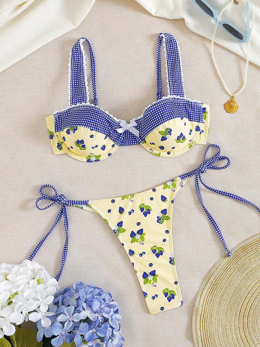 女士夏季泳装，甜美可爱风格，饰有小蕾丝和蝴蝶结，钢圈设计，充满少女魅力，休闲印花款式，适合海滩度假和泳池派对。 - 彩色 - 查看 1