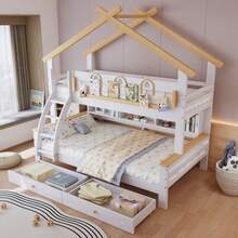 Beliche, duas gavetas com rodízios, corrimão decorativo requintado e design de telhado, escada inclinada de quatro andares, pinho + MDF, branco + natural, 90x200cm e 120x200cm