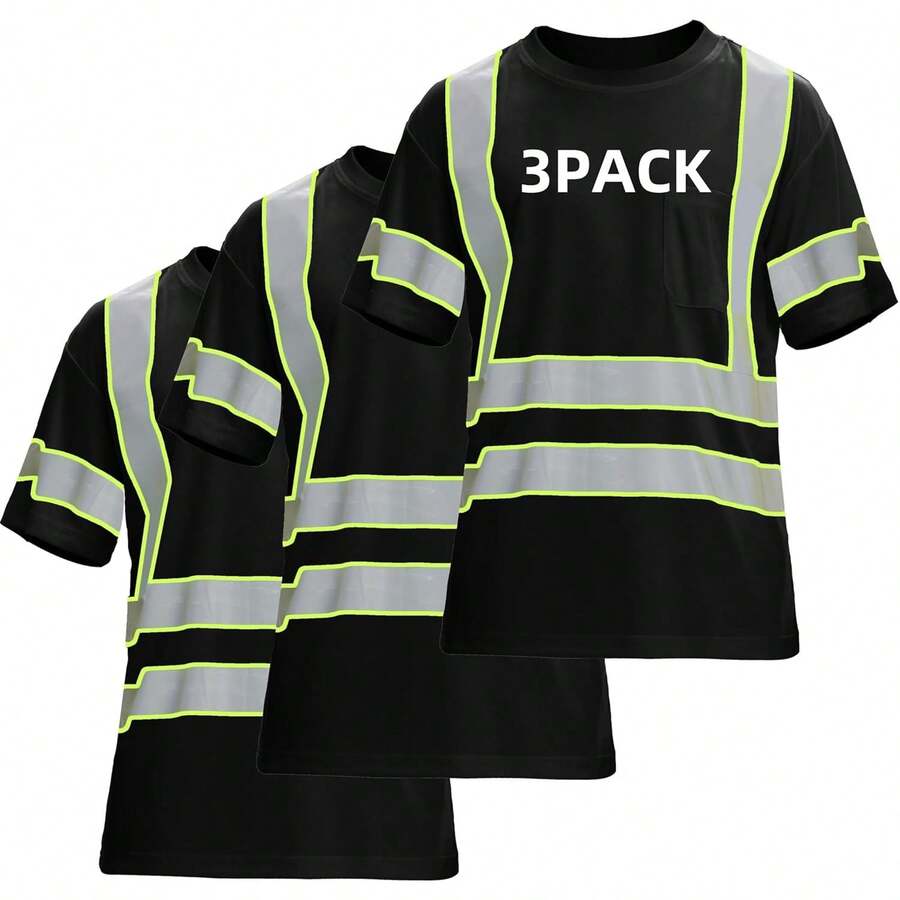 3PACK High Visibility Shirts For Men, Class 3 Hi Vis Reflective Construction Shirts For Men With Pocket  T Shirts,24199802 - Black - View 1