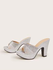 Shiny Silver Rhinestone Decor Fashionable Glamorous Chunky Heel Women's High Heel Sandals, Suitable For Daily Wear, Party, Banquet. Rhinestone Quantity And Color Randomly Assorted,Platform Heels For Women - Silver - View 9
